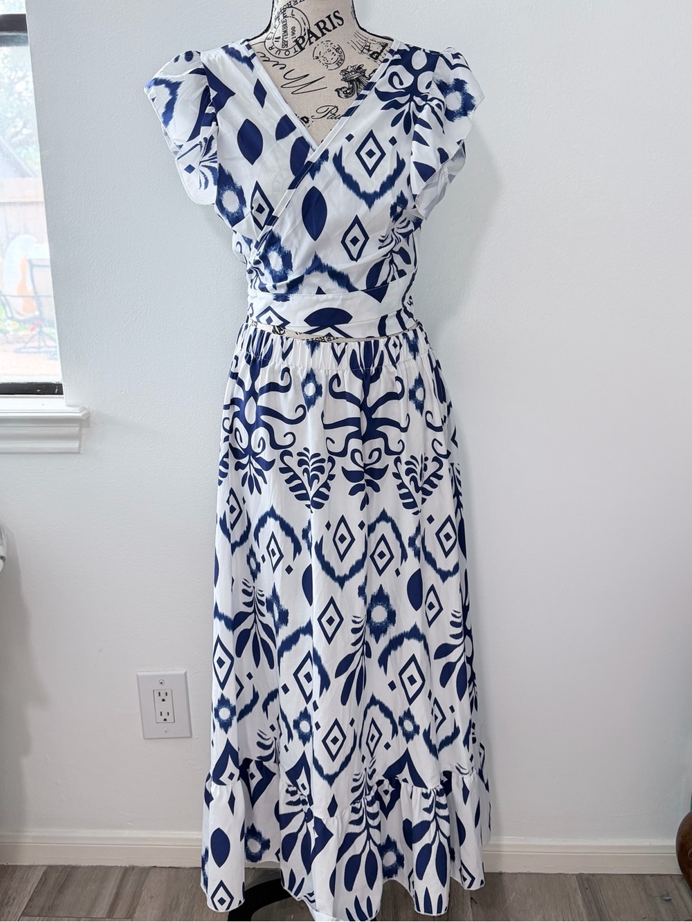 Blue White Boho 2 Piece Crop Top Maxi Skirt Set Womens Small Estimated